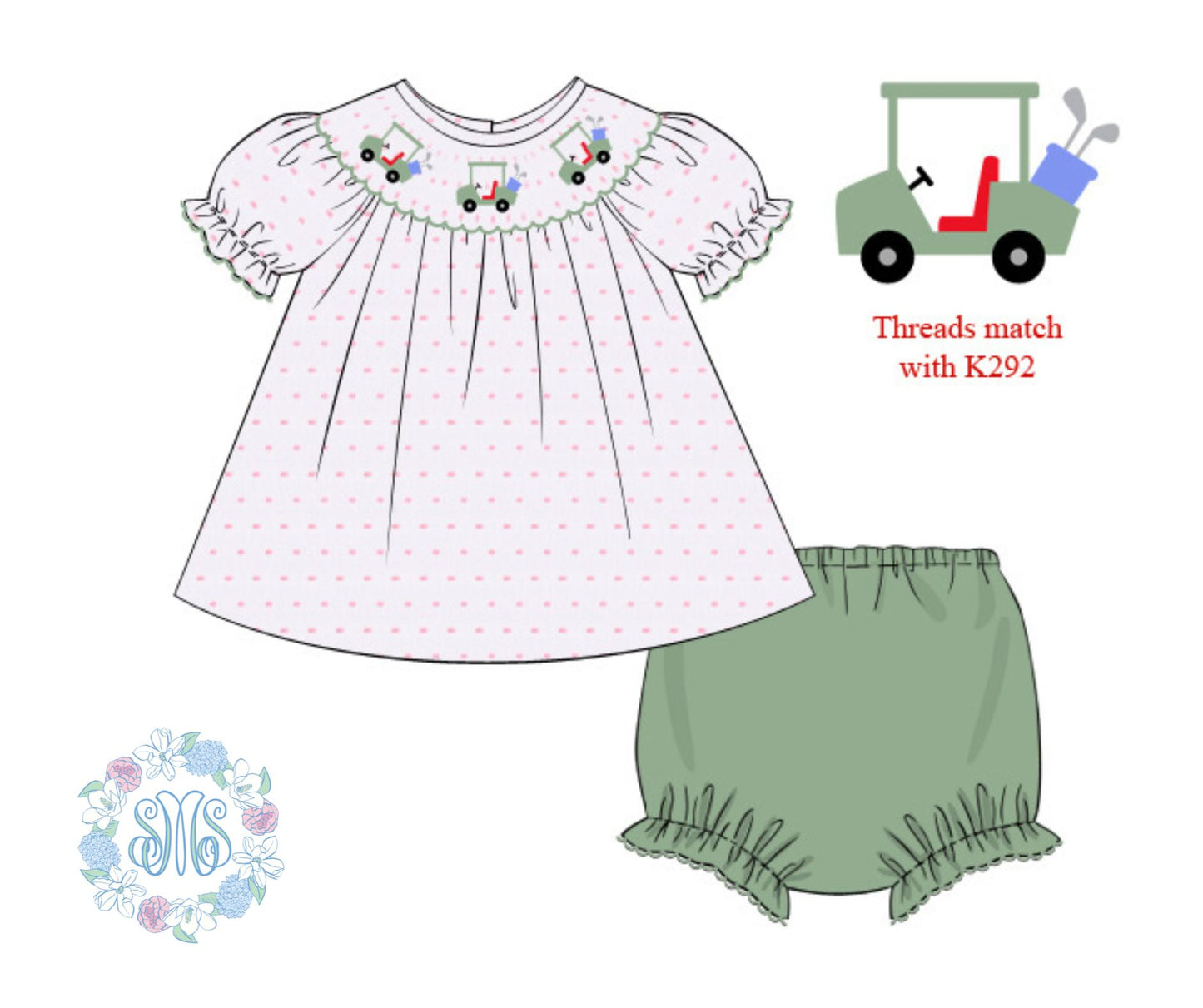 Pink and Green Golf Carts Girls Smocked Bloomer Set