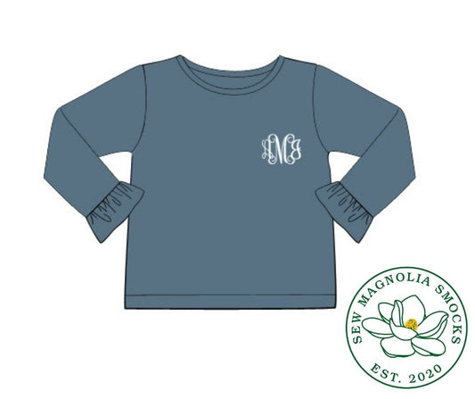 De-Stash: Girls Blue Stone Ruffle Shirt **PERSONALIZED**